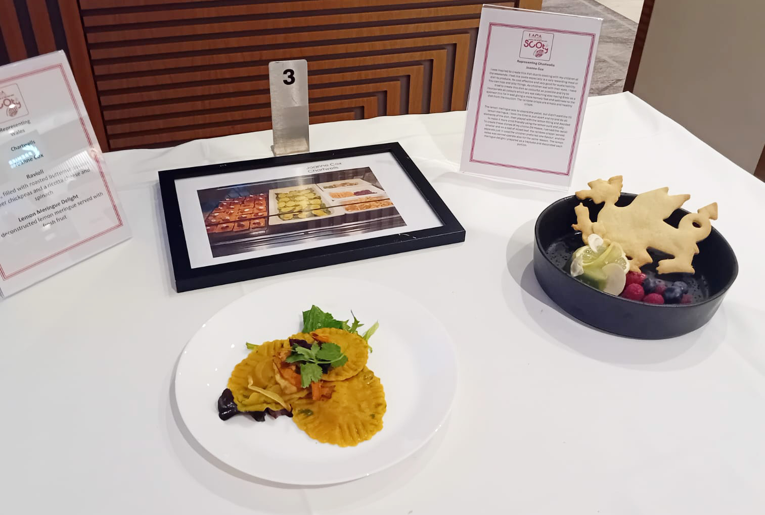 · A main of Moroccan apricot and chickpea ravioli with spiced lentil sauce and coconut peshwari,· Followed by a nostalgic Knickerbocker glory layered with berries, fruit jelly, Angel Delight and banana ice cream.