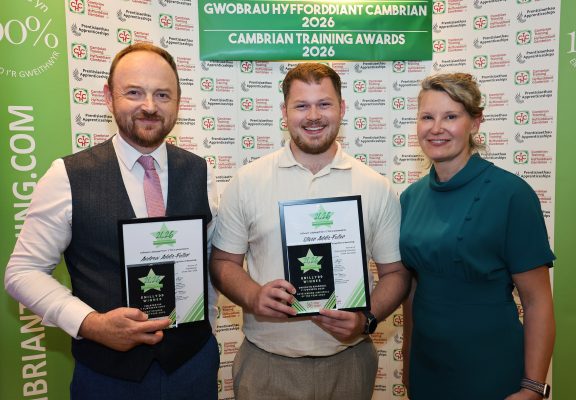 Father and son winners of Practitioner of the Year and Outstanding Individual of the Year, Andrew and Oliver Addis-Fuller with Cambrian Training Company managing director Faith O’Brien.