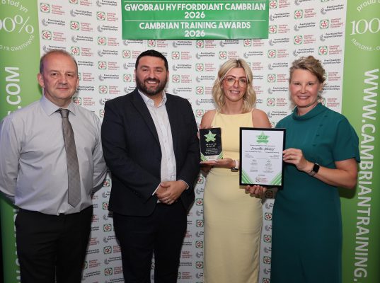 Samantha Stenhoff receives her award from Faith O’Brien, Cambrian Training Company’s managing director.
